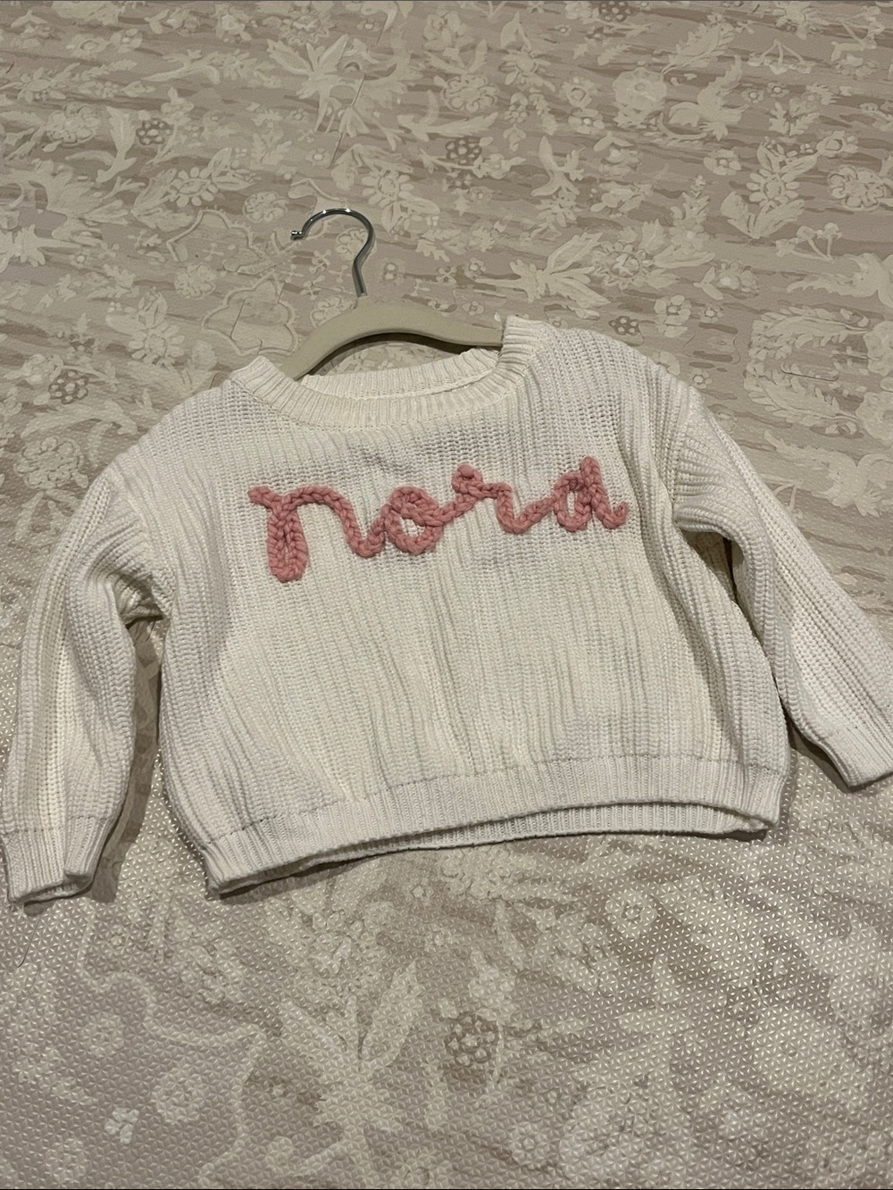Cream Knit Kids Sweater with Pink Script Detail